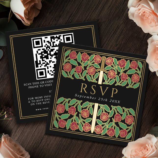 Black Gold Floral Royal Wedding RSVP QR Code  Enclosure Card (Creator Uploaded)