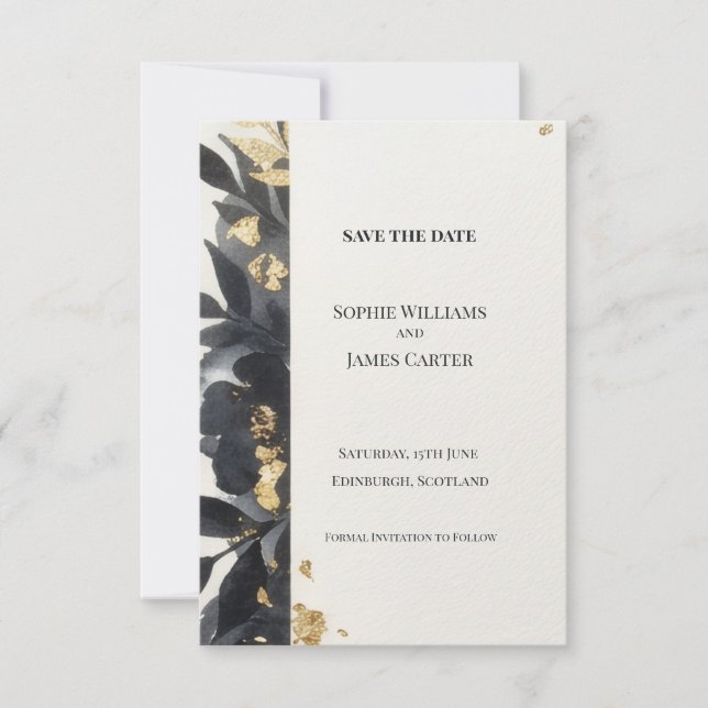 Black Gold Floral Save The Date Card (Front)