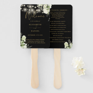 Black Gold Floral String Lights Wedding Program Hand Fan