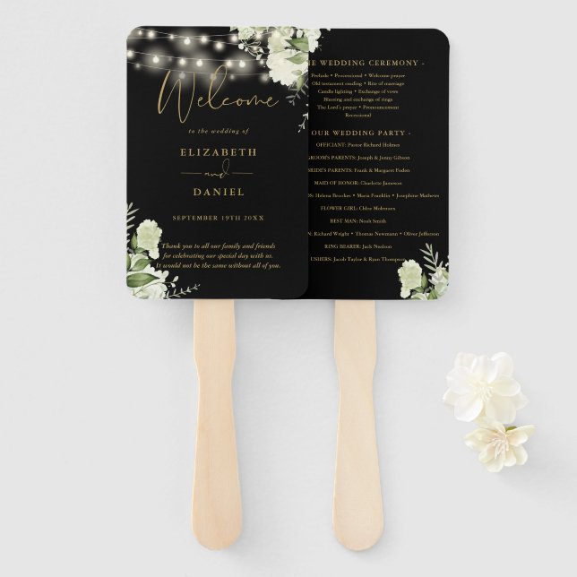 Black Gold Floral String Lights Wedding Program Hand Fan (Front and Back)