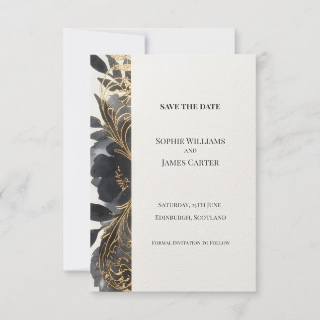 Black Gold Floral Strip Save The Date Card (Front)