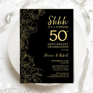 Black Gold Floral Surprise 50th Anniversary Invitation