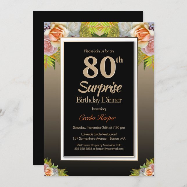Black Gold Floral Surprise 80th Birthday Dinner Invitation (Front/Back)