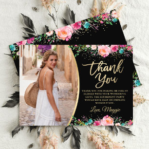 Black Gold Floral Surprise Retirement Party Photo Thank You Card