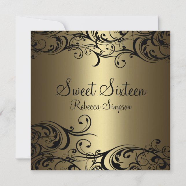 Black/Gold Floral Sweet Sixteen Invite (Front)