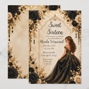 Black Gold Floral Sweet Sixteen Party Invitation