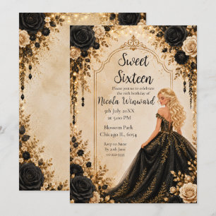 Black Gold Floral Sweet Sixteen Party Invitation