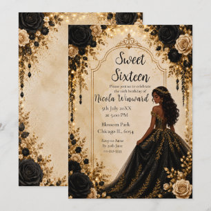 Black Gold Floral Sweet Sixteen Party Invitation