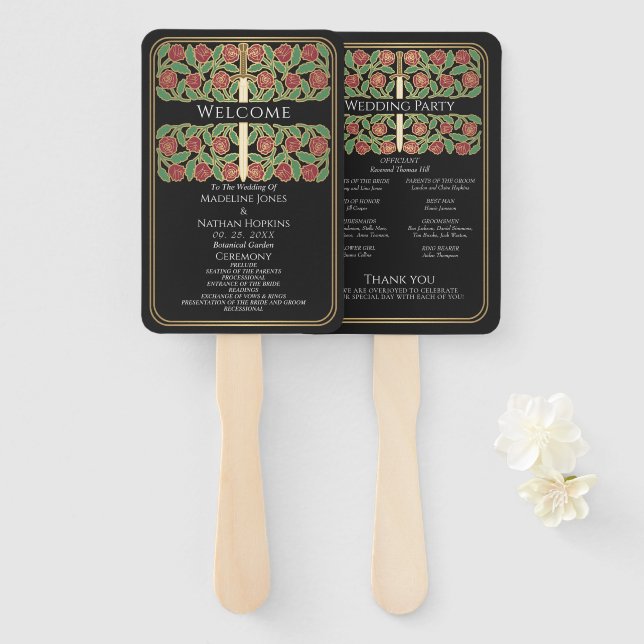 Black Gold Floral Sword Royal Wedding Program Hand Fan (Front and Back)