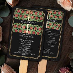 Black Gold Floral Sword Royal Wedding Program Hand Fan