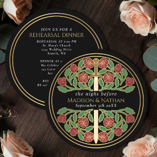 Black Gold Floral Sword Royal Wedding Rehearsal Invitation