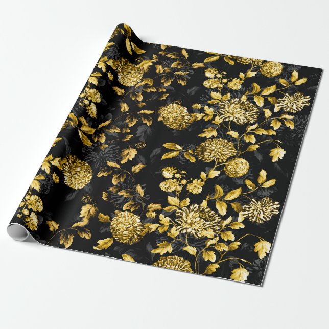 Black Gold Floral Toile Wrapping Paper (Unrolled)