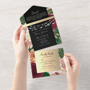 Black Gold Floral Wedding  All In One Invitation