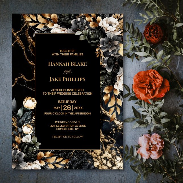 Black Gold Floral Wedding Invitation (Creator Uploaded)