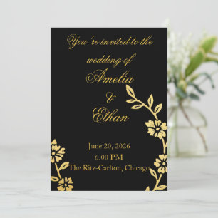 Black & Gold Floral Wedding Invitation   Elegant 