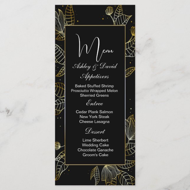 Black Gold Floral Wedding Menu (Front)