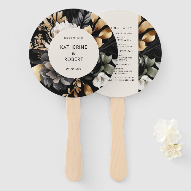 Black Gold Floral Wedding Program Hand Fan (Front and Back)