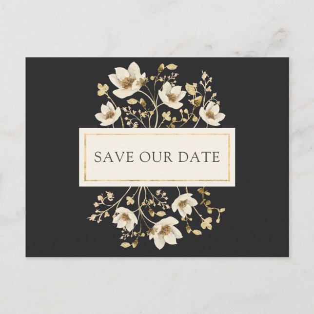 Black Gold Floral Wedding Save the Date Postcard (Front)