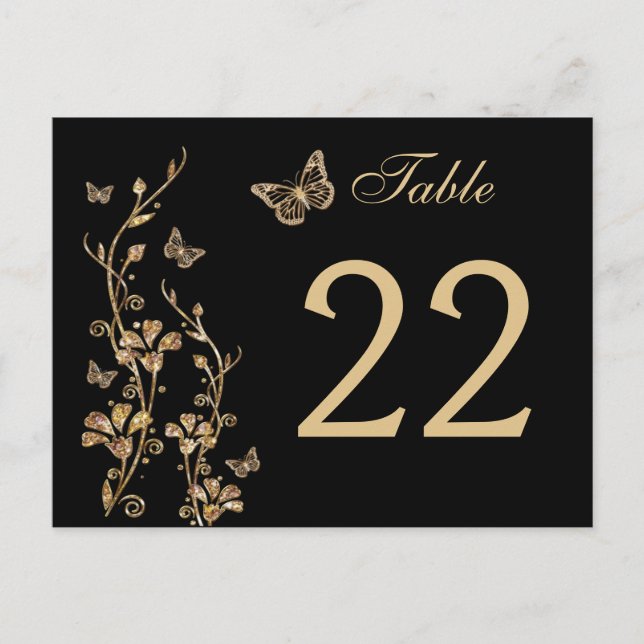 Black, Gold Floral with Butterflies Table Number Postcard (Front)