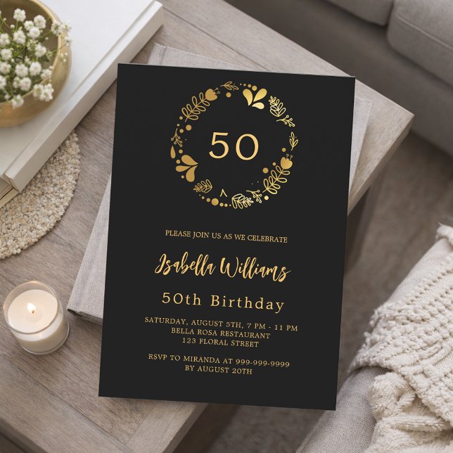 Black gold floral wreath birthday invitation (Creator Uploaded)