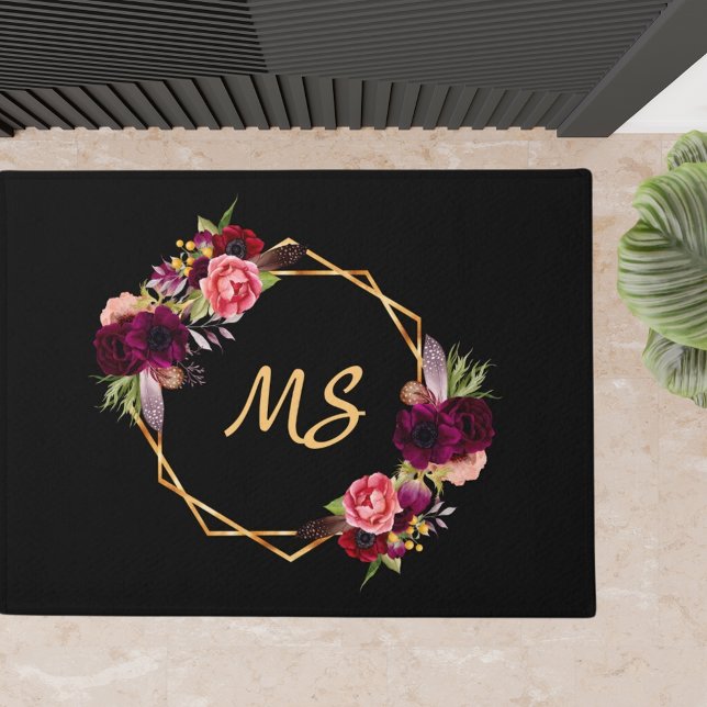 Black gold florals pink monogram initials doormat (Creator Uploaded)