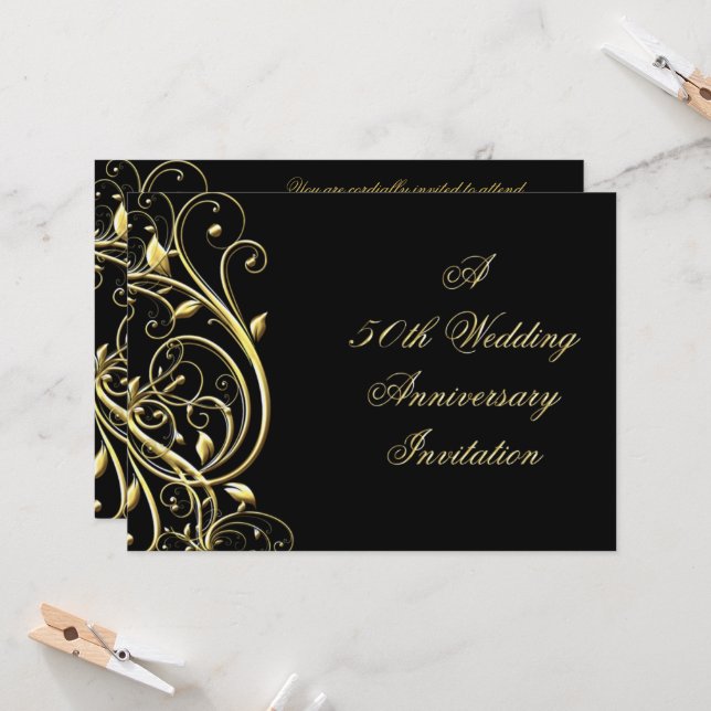 Black Gold Flourish 50th Anniversary Invitation (Front/Back In Situ)