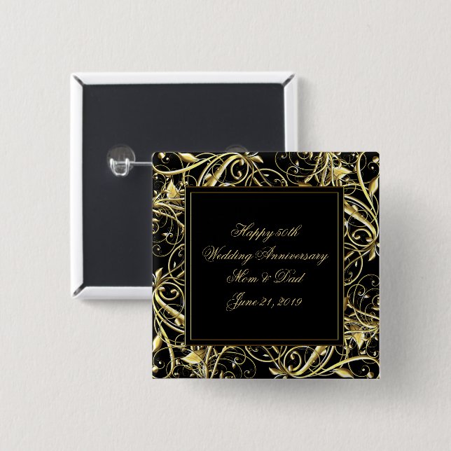 Black Gold Flourish 50th Wedding Anniversary 15 Cm Square Badge (Front & Back)