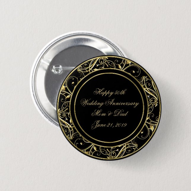 Black Gold Flourish 50th Wedding Anniversary 6 Cm Round Badge (Front & Back)