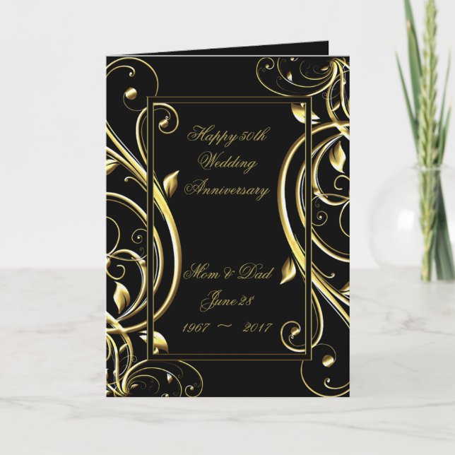 Black Gold Flourish 50th Wedding Anniversary Card (Front)