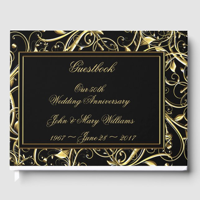 Black Gold Flourish 50th Wedding Anniversary Guest Book (Front)