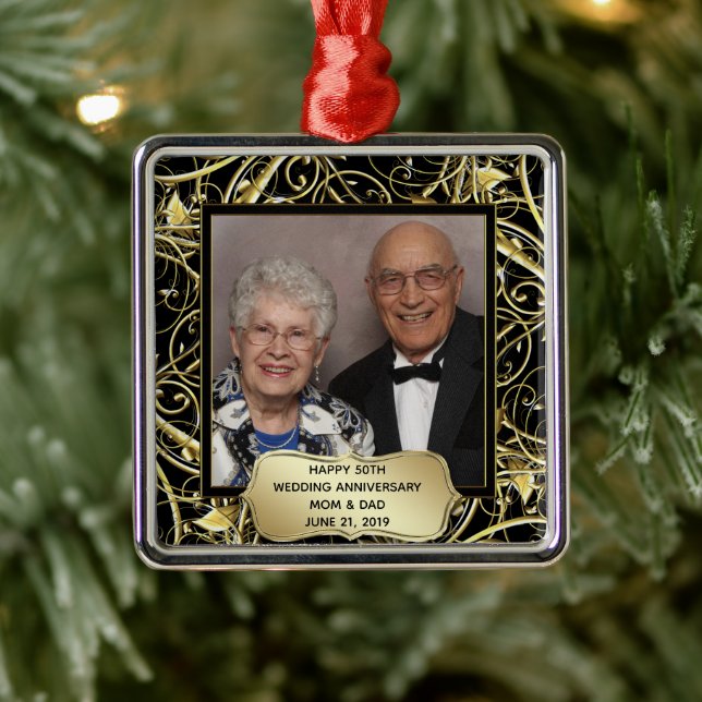 Black Gold Flourish 50th Wedding Anniversary Photo Metal Tree Decoration (Tree)
