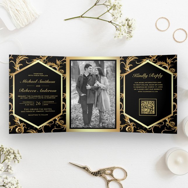 Black Gold Flourish Swirl Photo QR Code Wedding Tri-Fold Invitation (Creator Uploaded)