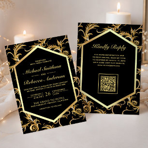 Black Gold Flourish Swirl QR Code Wedding Invitation