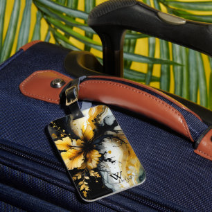 black gold flower marble luggage tag