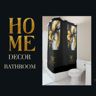 black gold flower marble shower curtain