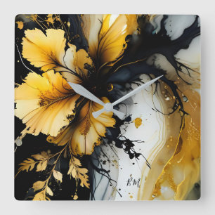 black gold flower marble square wall clock