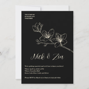 Black Gold Flower Minimal White Wedding Invitation