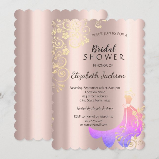 Black,Gold Flowers Dress Rose Gold Bridal Shower  Invitation (Front/Back)