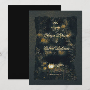 Black Gold flowers, Watercolor textured paper Wedd Invitation