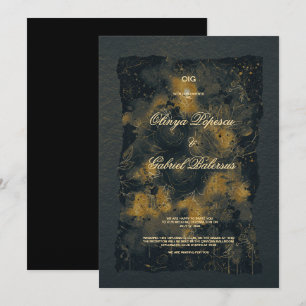 Black Gold flowers, Watercolor textured paper Wedd Invitation