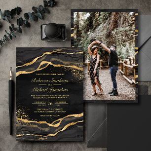 Black Gold Fluid Ink Photo Wedding Invitation