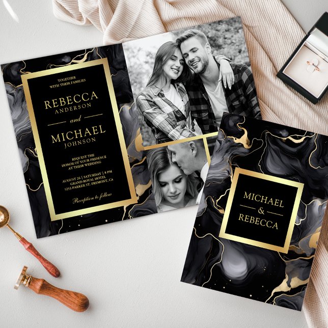 Black Gold Fluid Ink QR Code Photo Collage Wedding Invitation (Creator Uploaded)