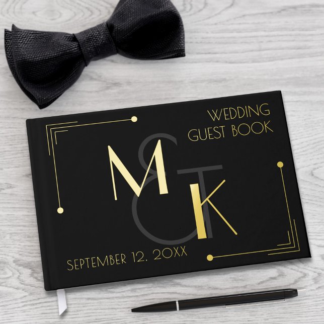 Black Gold Foil 1920s Gatsby Wedding Guest Book (Art deco inspired real foil wedding guest book. Just add your initials and wedding date)