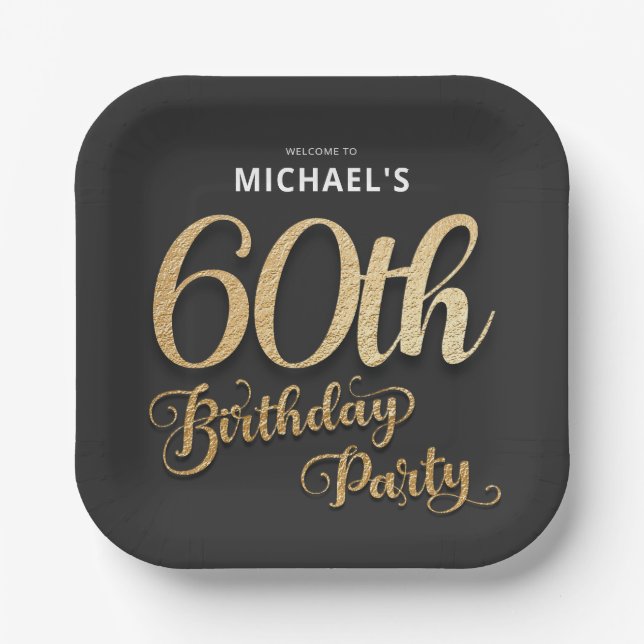 Black Gold Foil 60th Birthday Party Paper Plate (Front)