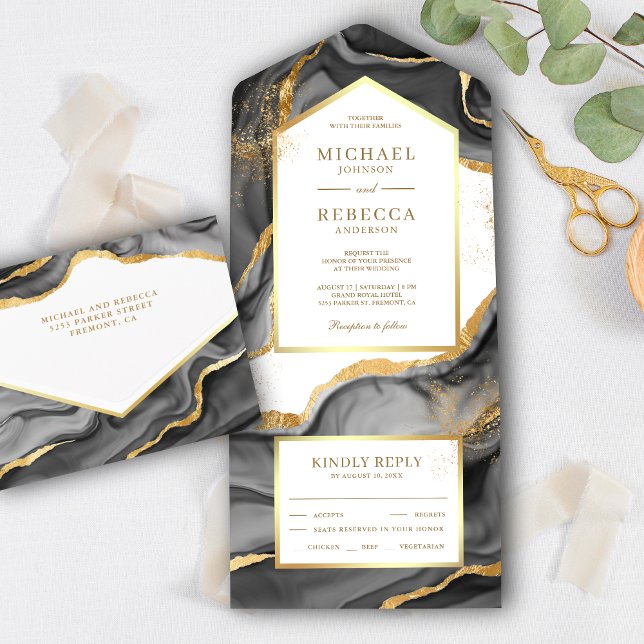 Black Gold Foil Abstract Fluid Ink Wedding All In One Invitation (Creator Uploaded)