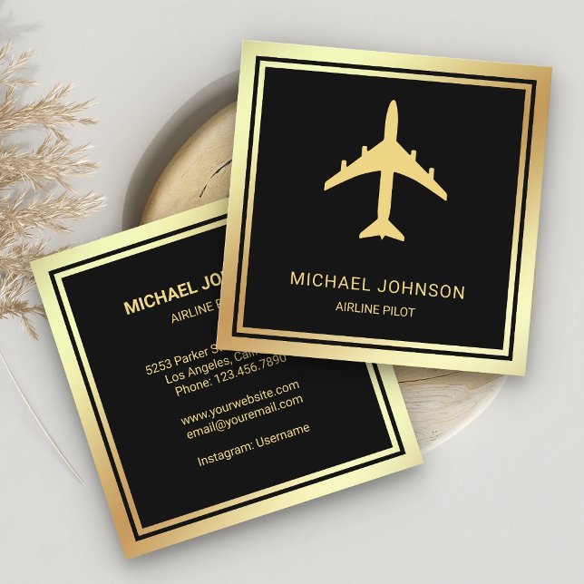 Black Gold Foil Aircraft Aeroplane Airline Pilot Square Business Card (Creator Uploaded)