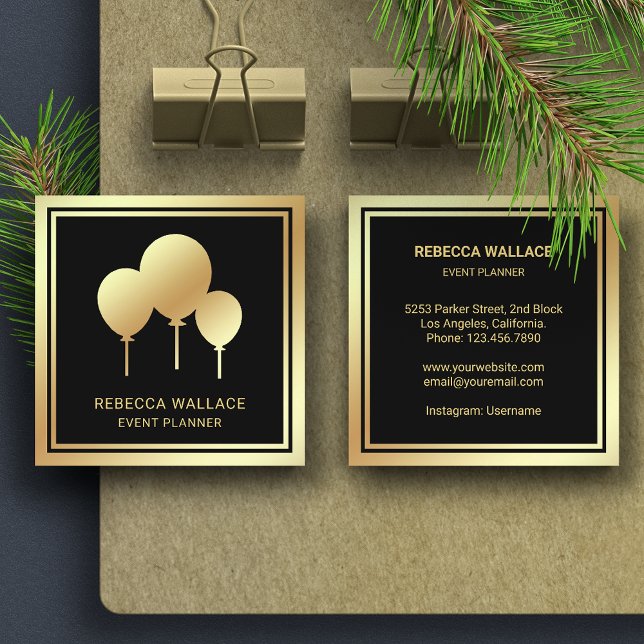 Black Gold Foil Balloons Party Event Planner Square Business Card (Creator Uploaded)