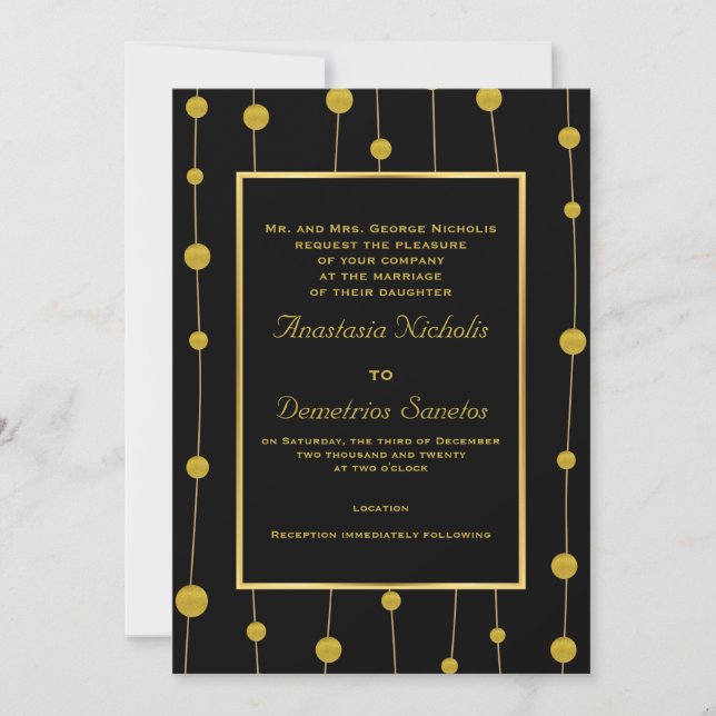 Black, gold foil beads and frame modern wedding invitation (Front)