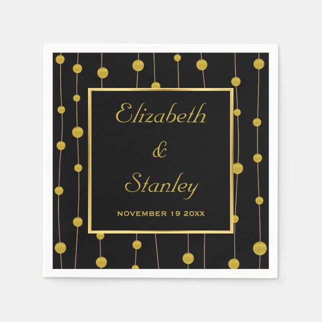 Black, gold foil beads and frame modern wedding napkin (Front)