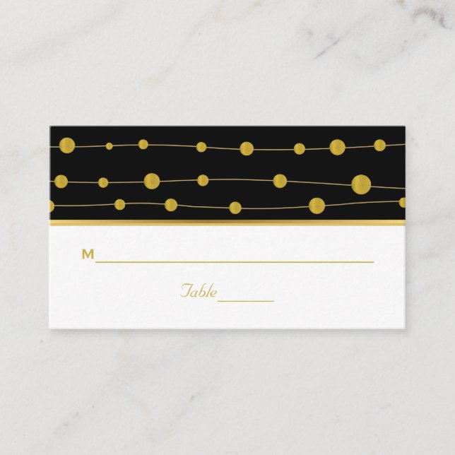 Black, gold foil beads modern wedding place card (Front)